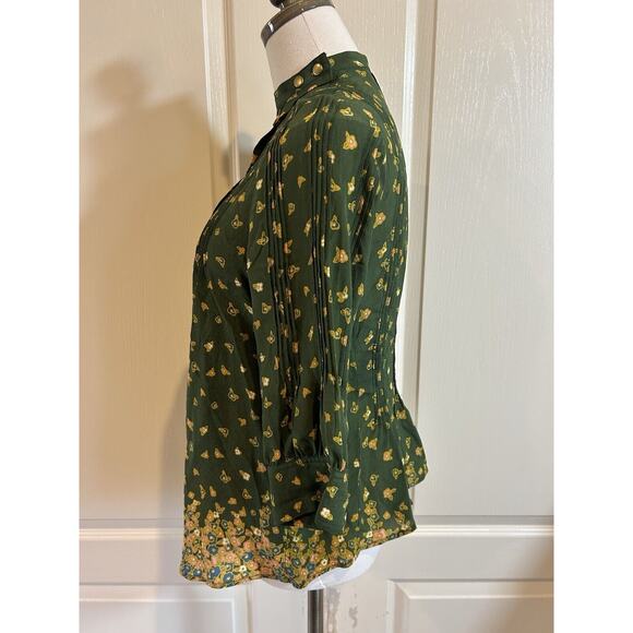 Lauren Moffatt Blouse Womens S green floral Silk Print Snap Prairie Cottagecore - Picture 4 of 11